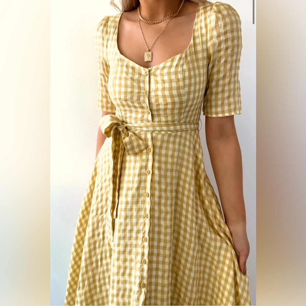 NWT Lulus Sweet Little Thing Mustard Yellow Gingham Button-Up Midi Dress Fall LG